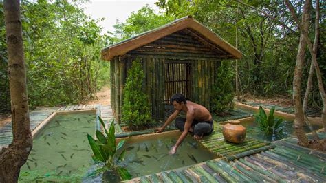 Build The Most Amazing Bamboo Cabin Villa with thousands Fishes Pond Over Secret Basement Tunnel ...