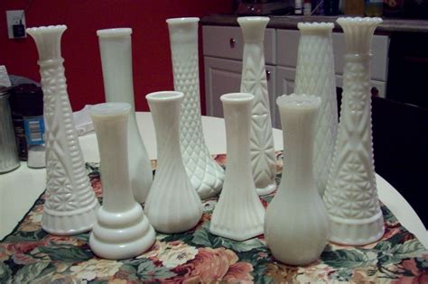 White Milk Glass bud vases, Vintage set of wedding centerpiece vases, grouping of 10, E.O. Brody ...