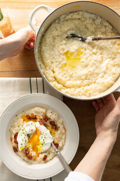 Rice Grits with Poached Eggs & Bacon– White House Farms