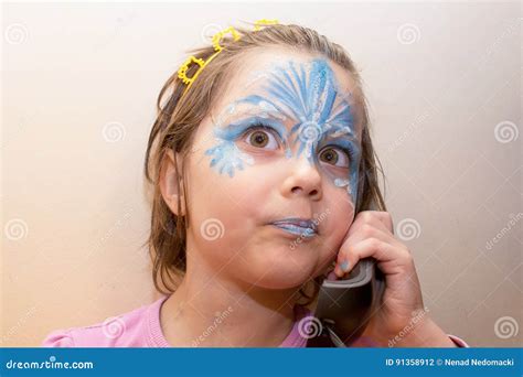 Portrait of Little Girl with Face Painting Talking on the Old Phone Stock Photo - Image of blue ...