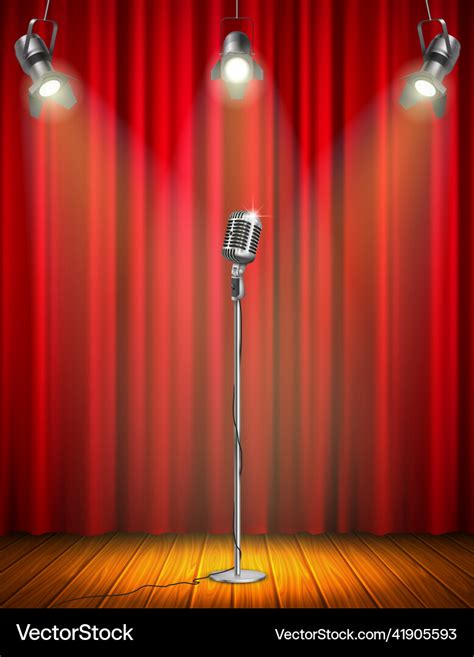 Vintage microphone on illuminated stage Royalty Free Vector