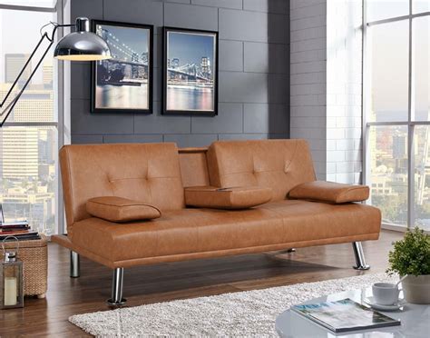 LuxuryGoods Modern Faux Leather Futon with Cupholders and Pillows ...