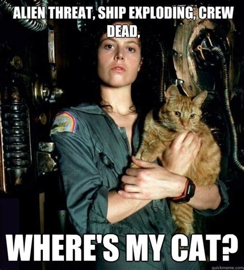 alien threat, ship exploding, crew dead, where's my cat? - Redditor Ripley - quickmeme