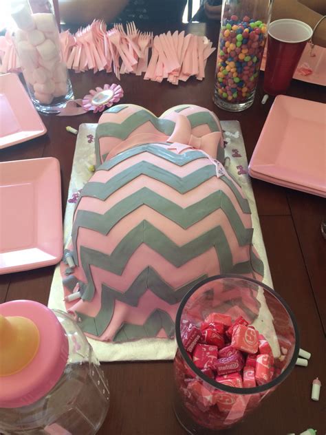 Belly cake. Bump cake. Chevron cake. It's a girl cake. Pink and grey. Baby shower cake. V Baby ...