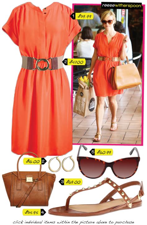 Coyping Reese Witherspoon's casual style in orange dress and simple ...