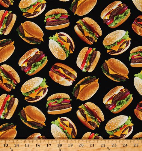 Cotton Food Cheeseburgers Meat Vegetables Burgers Black Cotton Fabric Print by the Yard (FOOD ...