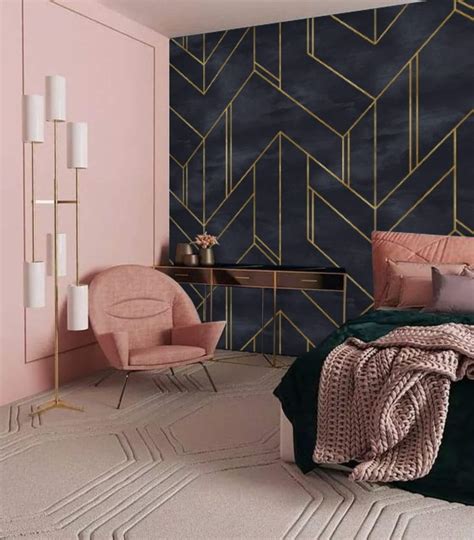 Dark Art Deco Wallpaper, Gold Lines Chevron Wallpaper, Navy Peel and Stick Wallpaper, Bold ...