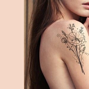 Poppy Bouquet Tattoo Design Ticket Minimialist Flowers Instant Download ...