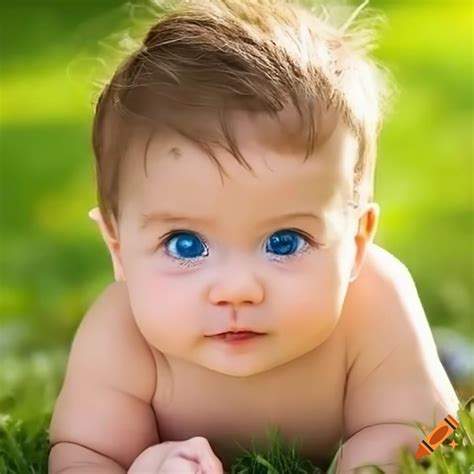 Portrait of a gender-neutral baby sitting on grass on Craiyon
