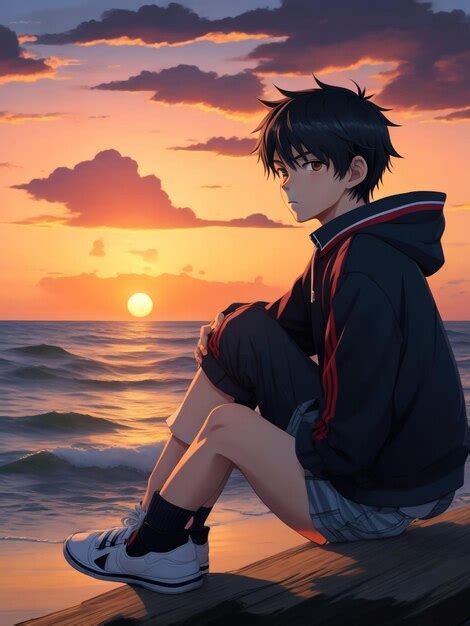 Premium AI Image | Artistic image of Boy anime on the beach watching sunset