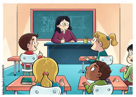 illustration of classroom with teacher and her children students Stock Illustration | Adobe Stock
