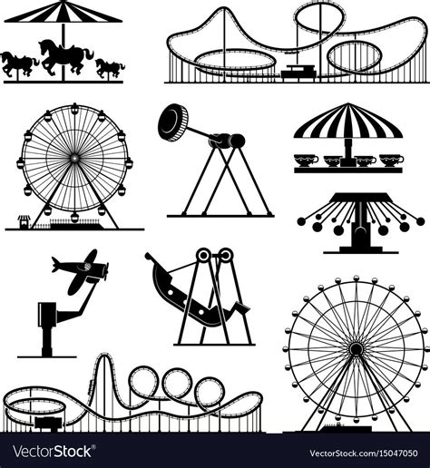 Vector icons of different attractions in amusement park. Attraction ...