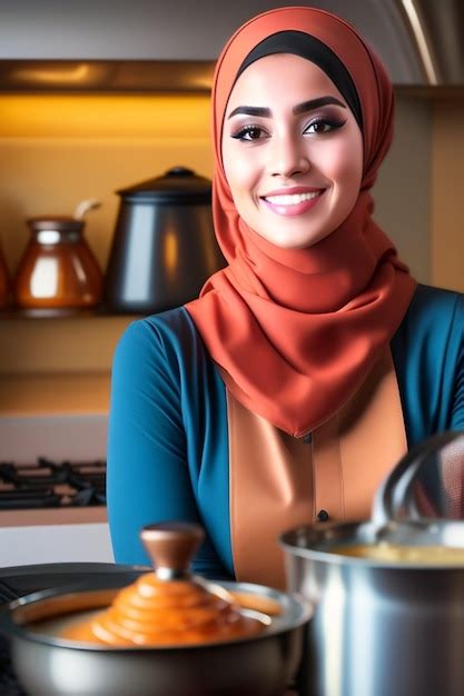 Premium AI Image | A woman in a hijab stands in a kitchen with a pot on the stove.