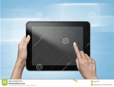 Hand Touch Screen on Tablet Pc with Icons Stock Image - Image of internet, device: 26844821