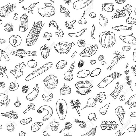 Seamless background with hand drawn food, black and white. Vector illustration, eps10. Stock ...