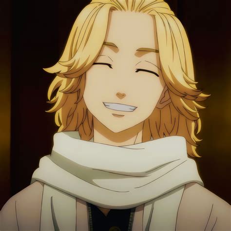 an anime character with blonde hair wearing a white scarf and looking at the camera while smiling