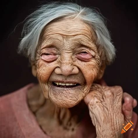 Photograph of an elderly woman with a vibrant smile on Craiyon
