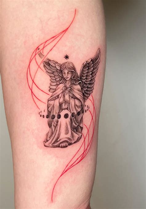 praying angel with red line detail tattoo done by Raum @ Chronic Ink, Toronto : r/tattoos