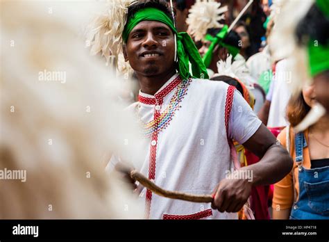 Tribals from the state of Jharkhand performing tribal dance at an event ...