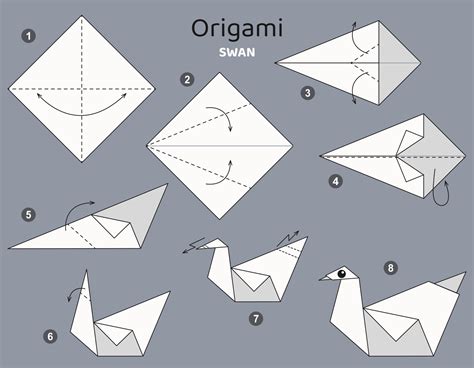 Tutorial origami scheme with Swan. isolated origami elements on grey backdrop. Origami for kids ...
