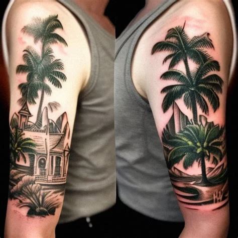 Ai Art Generator: Palm trees with the Turks and Caicos Islands coat of arms forearm tattoo