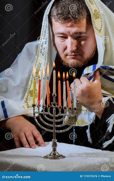 Jewish Candle Lights Male Hand Lighting Candles in Menorah Stock Photo ...