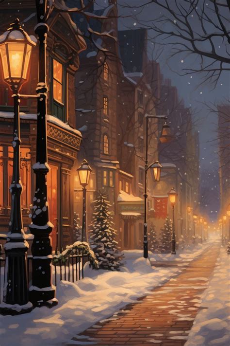 a painting of a snowy street at night