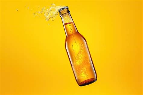 Premium AI Image | Cold beer bottle opened gas released and cap airborne Against yellow backdrop