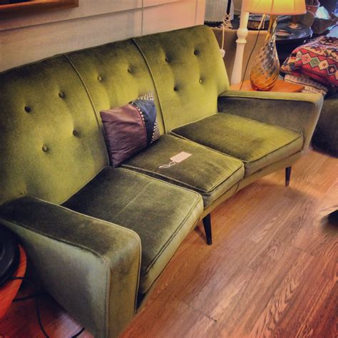 Vintage sofa, green velevt, buttoned back, legs, curved settee Vintage ...