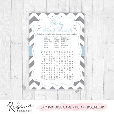 Grey word search game boy baby shower game baby blue printable game alphabet soup game ...