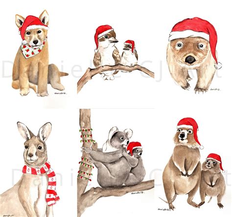 Set of 6 Australian Christmas Animal Prints, Instant Download, digital prints, printable chris ...