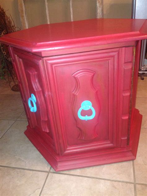 Red chalk paint side table and turquoise hardware. Red Chalk Paint, Painted Side Tables, Kaufman ...