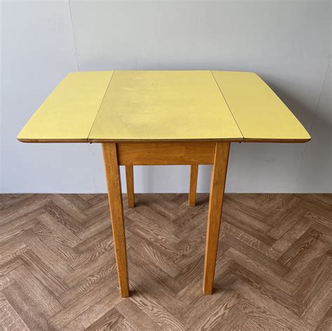 Vintage yellow formica drop leaf space saving dining kitchen table, 1960s | #161218