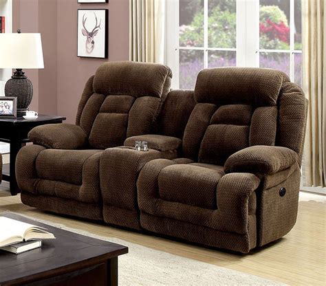 Esofastore Brown Flannelette Fabric Reclining Sofa Loveseat w Console 2pc Sofa Set Plush Cushion ...