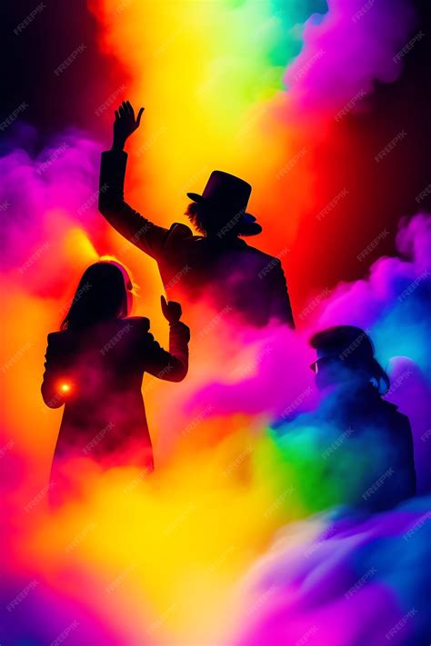 Premium AI Image | Silhouette of gang of droogs in front of colorful rainbow lights with smoke ...