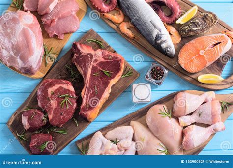 Assortment of Meat and Seafood Stock Image - Image of diet, fish: 153900529