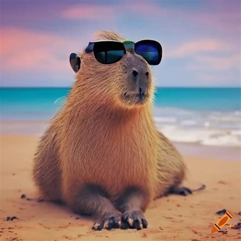 Capybara wearing sunglasses and chilling at the beach on Craiyon