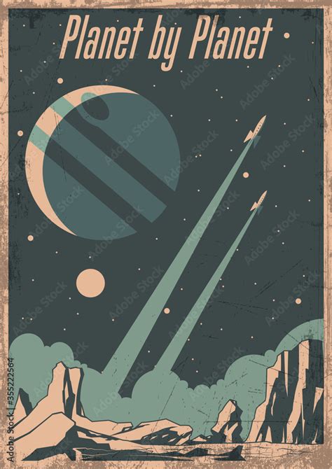 Retro Future Space Poster Stylization, Space Rockets launching, Alien Planet, Jupiter. Vintage ...