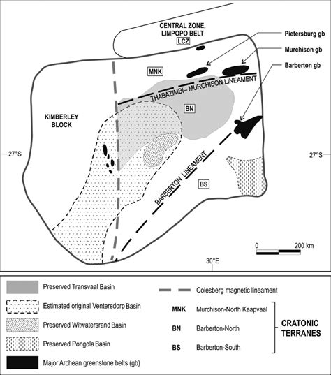 (A) Schematic sketch map of the Kaapvaal Craton, showing early ...