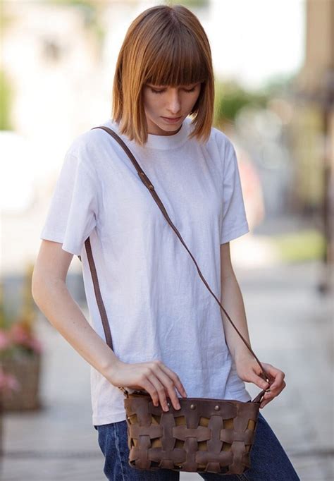 Small Leather Crossbody Bag With Zipper, Woven Leather Bag, Brown Cross ...