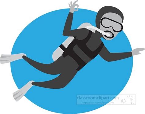 Gray and White Clipart-boy scuba diver explores underwater while breathing from tank of