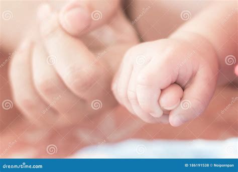 Newborn Baby Hands Holding Mother`s Finger Blur Background for Child ...