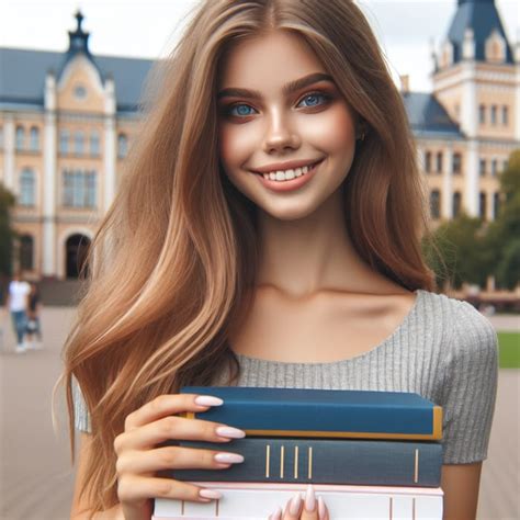 Girl with Blue Eyes and Light Long Hair Smiling, Holding 3 Books | University Background | AI ...