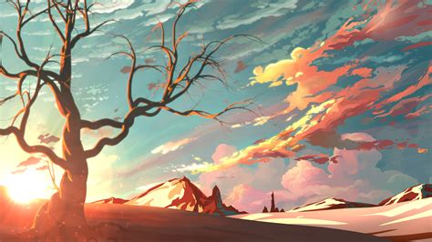 Red Sky Mountains Trees Digital Art Painting 4k Wallpaper,HD Artist ...