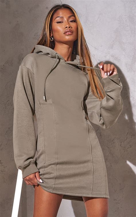 Renew Light Khaki Pleated Hoodie Jumper Dress | PrettyLittleThing KSA