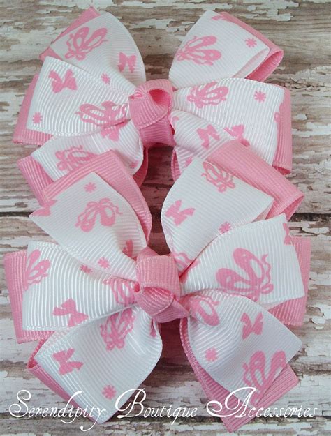Set of 2 Pink and White Ballet Slippers Stacked Pinwheel Hair Bows. Diy Bows, Cute Bows, Hair ...