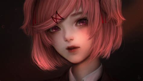 alqmia close dark doki doki literature club! natsuki (ddlc) pink eyes pink hair realistic short ...