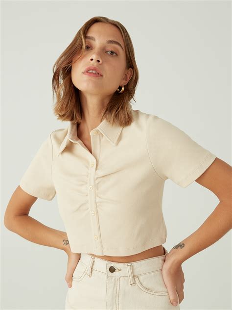 Sustainable Ruched Short Sleeve Crop - Beige - Pomelo Fashion