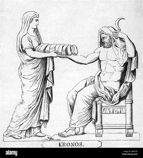 Cronus, Greek god, full length, his sister and wife Rhea handing him a child (or a stone instead ...