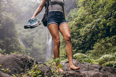 Woman hiking barefoot | High-Quality People Images ~ Creative Market